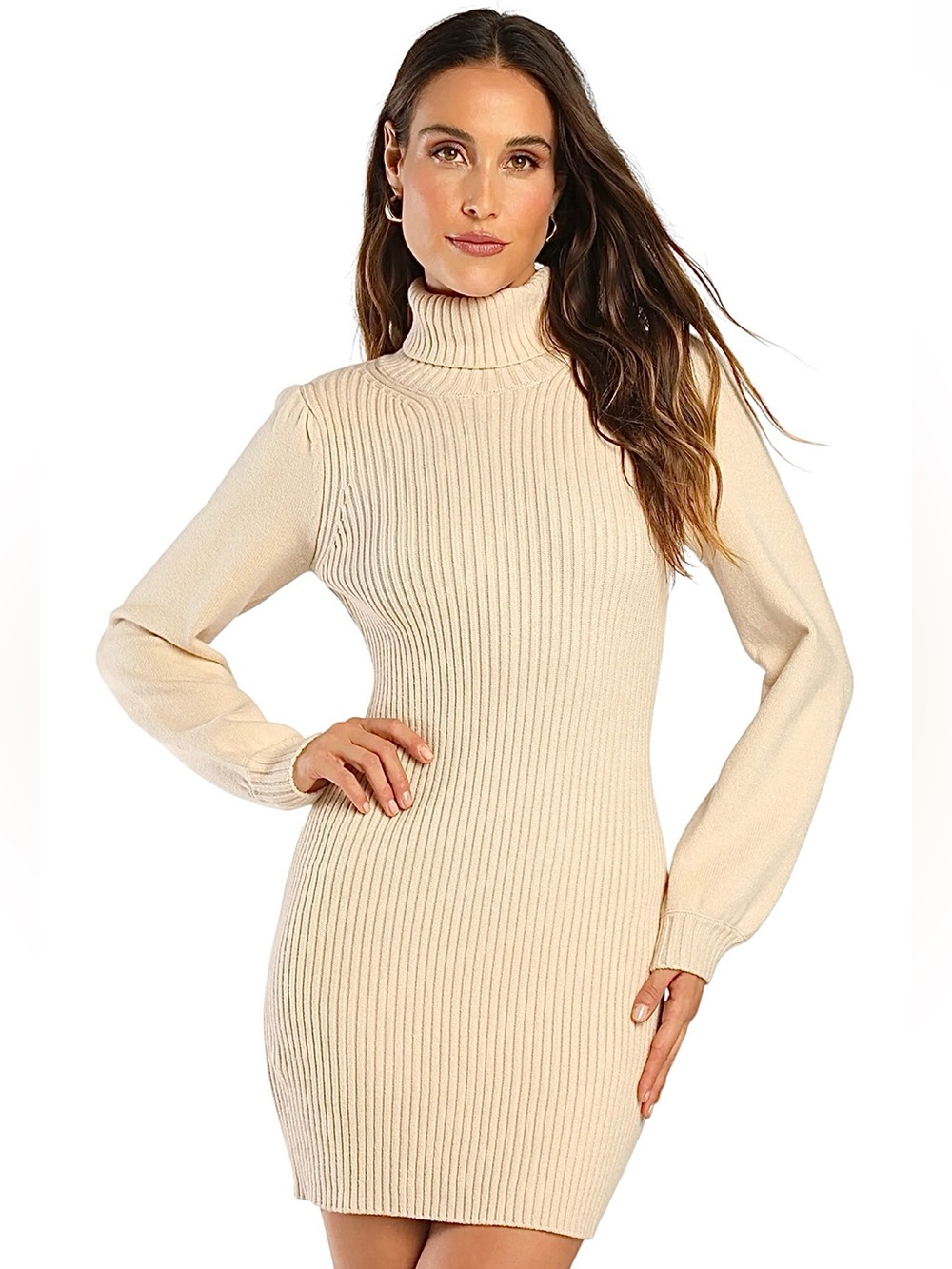 Lulus Cream Ribbed Knit Mini Turtleneck Sweater Dress Size XS NWOT